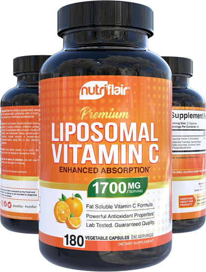 Nutriflair Liposomal Vitamin C 1700Mg, 180 Capsules - High Absorption, Fat Soluble VIT C, Higher Bioavailability Immune System Support & Collagen Booster, Non-Gmo, Vegan Pills