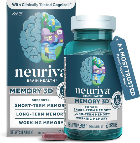 NEURIVA Memory 3D Brain Supplement - Decaffeinated Nootropic Capsules for Memory, Focus, & Cognitive Function - Short Term, Long Term, & Working Memory Support - 50Ct