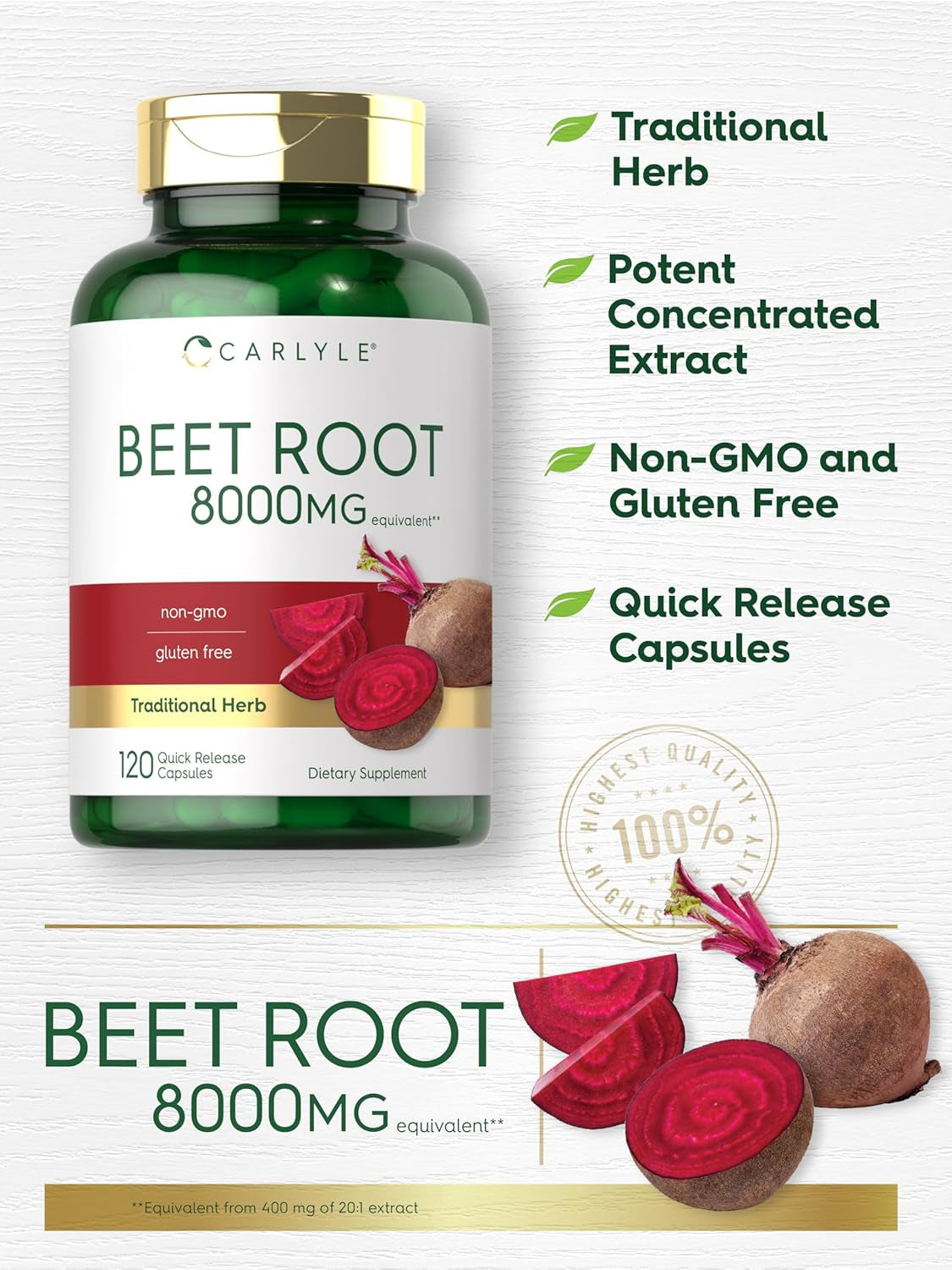 Carlyle Beet Root Capsules | 8000 Mg | 120 Count | Non-Gmo and Gluten Free Supplement