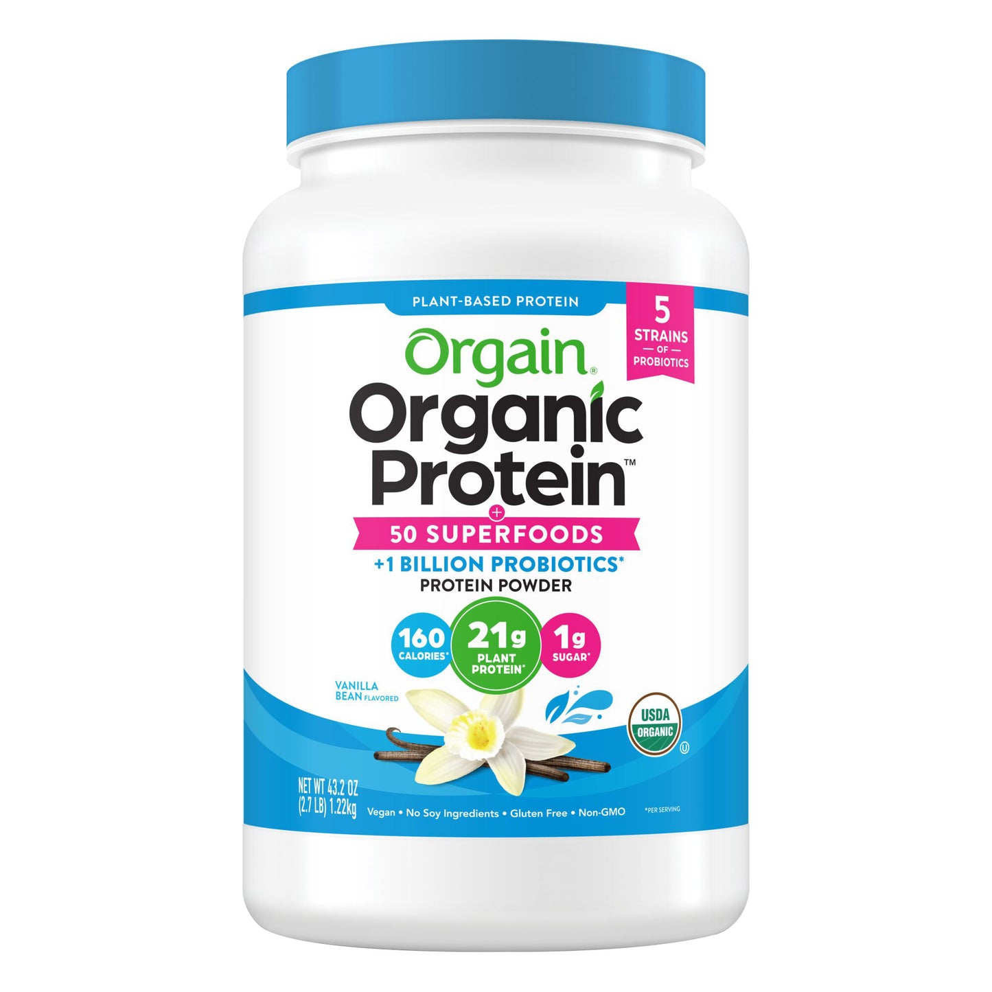 Orgain Organic Protein and Superfoods Plant Based Protein Powder, Vanilla Bean, 2.7 Lbs