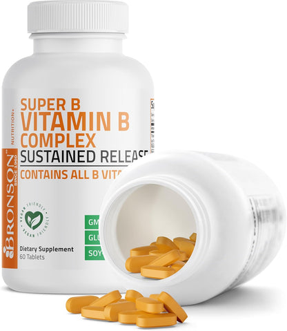 Bronson Super B Vitamin B Complex Sustained Slow Release (Vitamin B1, B2, B3, B6, B9 - Folic Acid, B12) Contains All B Vitamins 60 Tablets