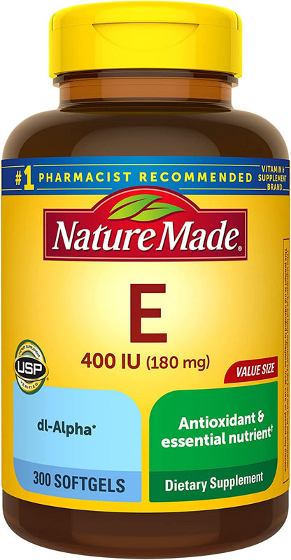 Nature Made Vitamin E 180 Mg (400 IU) Dl-Alpha, Dietary Supplement for Antioxidant Support, 300 Softgels, 300 Day Supply