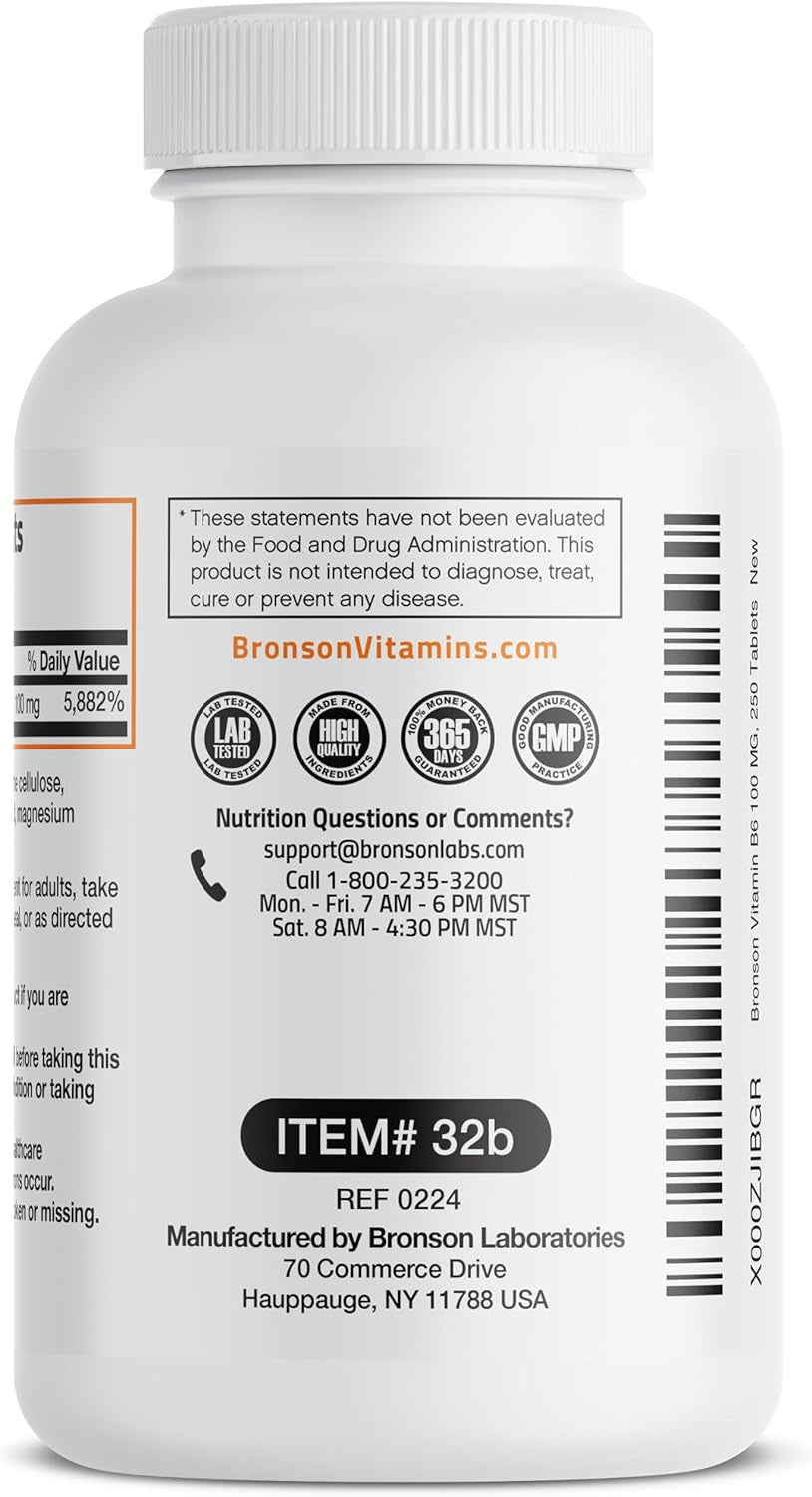 Bronson Vitamin B6 100Mg Premium Vitamin B6 Supplement, 250 Tablets