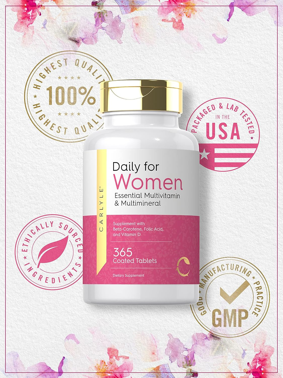 Carlyle Women'S Daily Multivitamin and Multimineral Supplement | 365 Tablets | Beta-Carotene, Folic Acid and Vitamin D | Non-Gmo, Gluten Free Pills