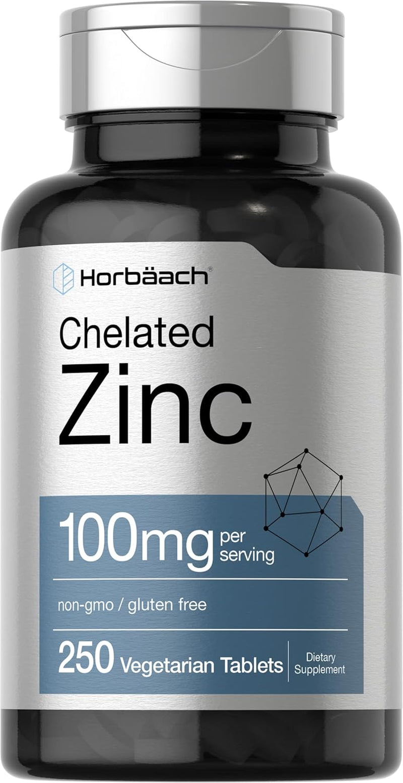 Horbäach Chelated Zinc Supplement 100Mg | 250 Tablets | High  & Superior Absorption | Vegetarian, Non-Gmo, Gluten Free