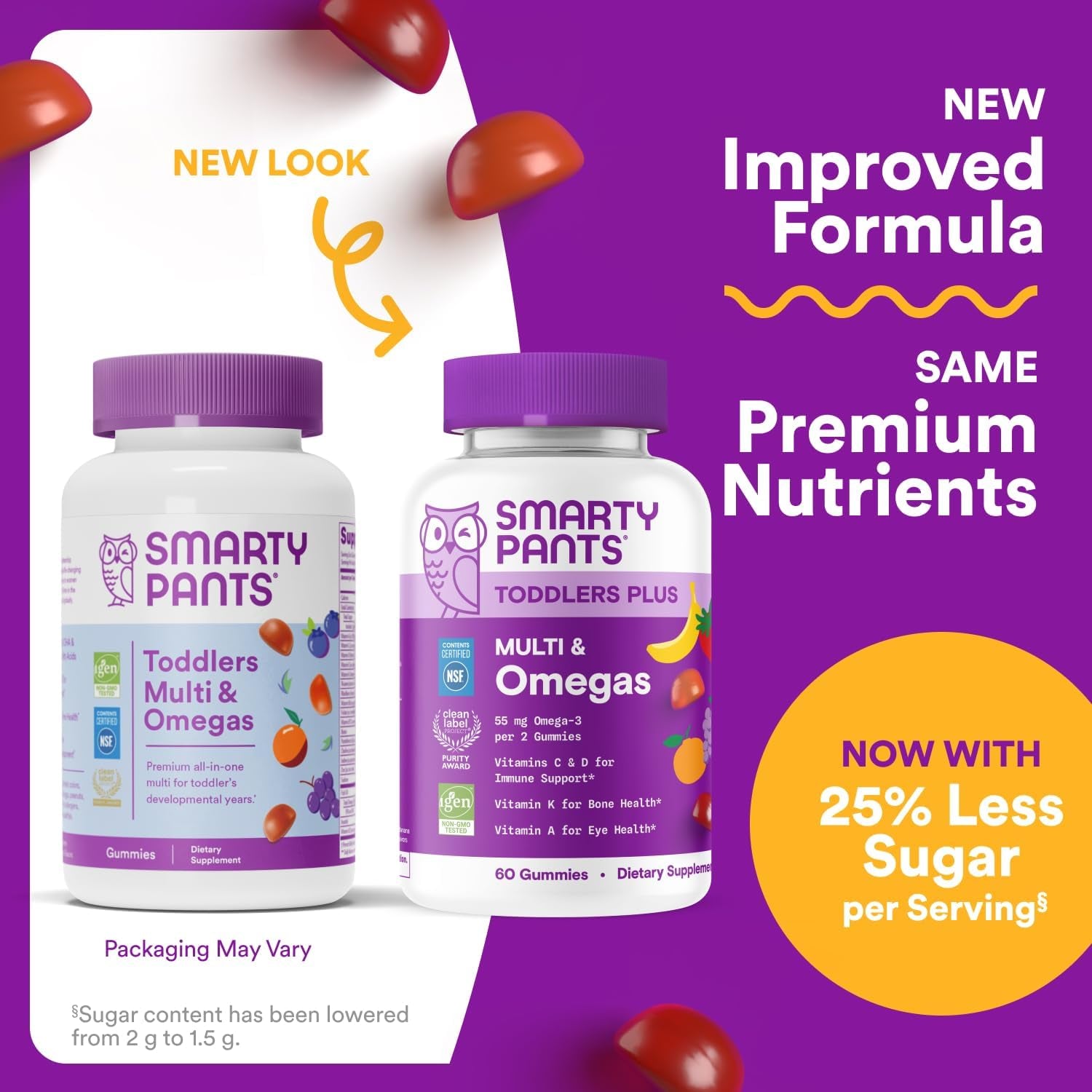 Smartypants Toddler Multivitamin Gummies - Improved Formula: Omega 3 (DHA/EPA), Vitamins D3, C, Vitamin B12, B6, A, K & Zinc, Biotin, Gluten Free, Three Fruit Flavors, 60 Count (30 Day Supply)