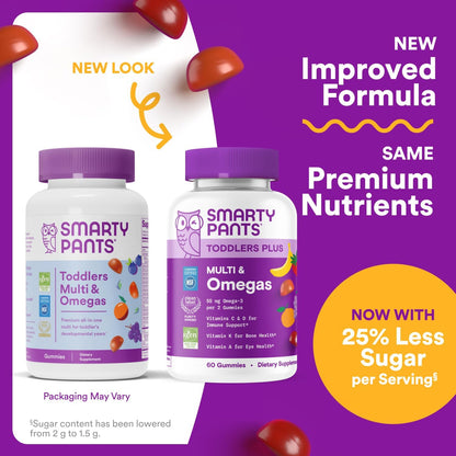 Smartypants Toddler Multivitamin Gummies - Improved Formula: Omega 3 (DHA/EPA), Vitamins D3, C, Vitamin B12, B6, A, K & Zinc, Biotin, Gluten Free, Three Fruit Flavors, 60 Count (30 Day Supply)