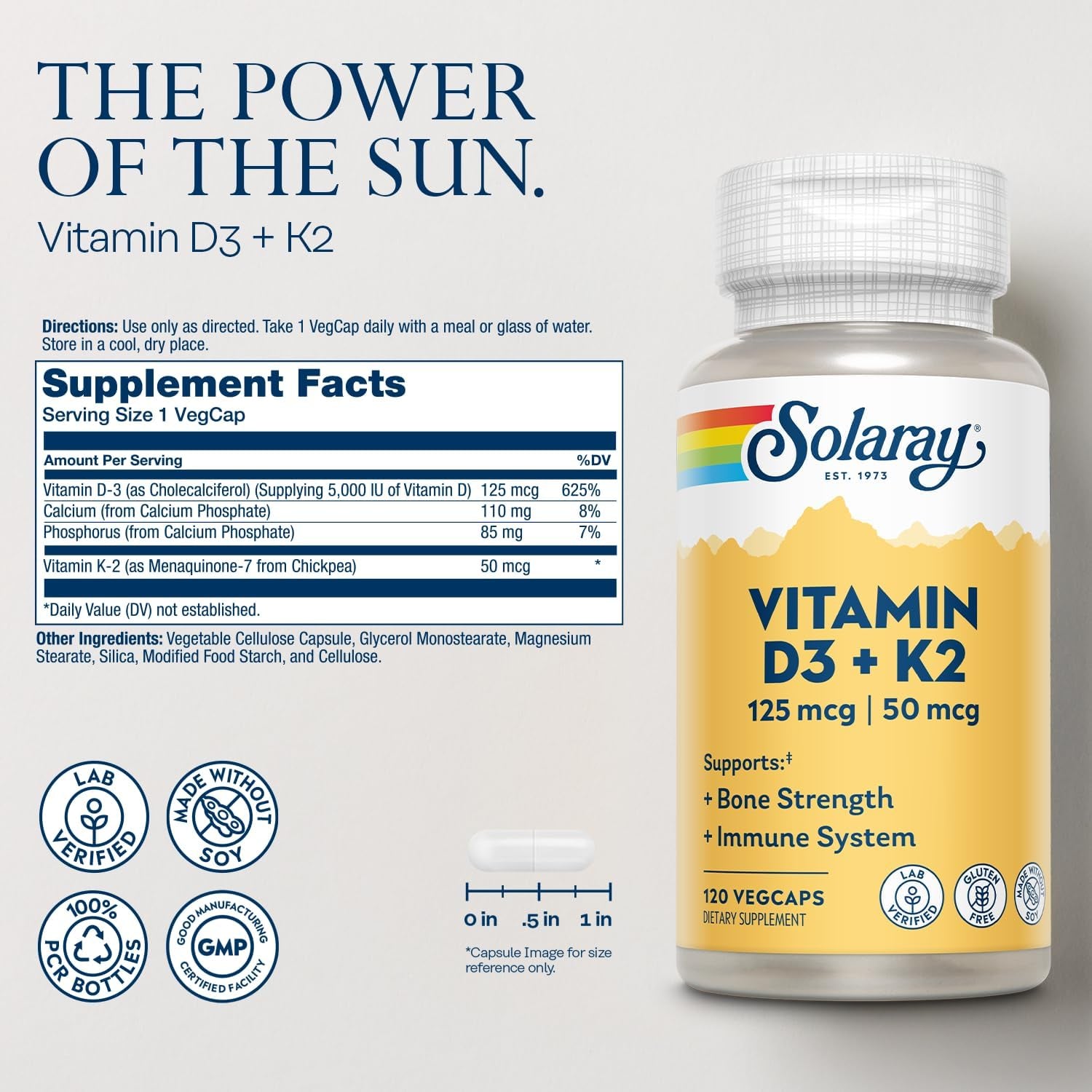 SOLARAY Vitamin D3 K2 - Bone Health and Immune Support Supplement - with 5000 IU Vitamin D as Vit D3 and 50 Mcg Vitamin K2 as Menoquinone MK7, Made without Soy, 60-Day Guarantee, 120 Serv, 120 Vegcaps