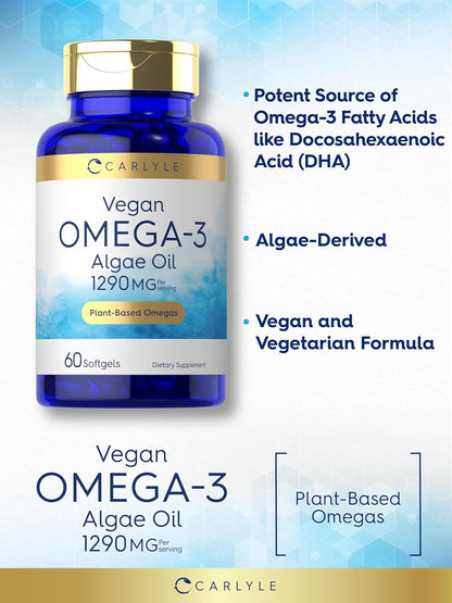 Carlyle Vegan Omega 3 Supplement | 1290 Mg | 60 Softgels | Plant Based | Non-Gmo & Gluten Free | from Algae Oil