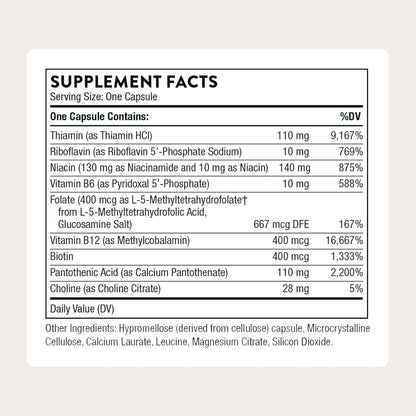 THORNE - Basic B-Complex - Tissue-Ready Vitamin B Complex Supplement with Choline - Supports Cellular Energy Production, Brain Health & Red Blood Cell Formation* - Gluten-Free - 60 Servings