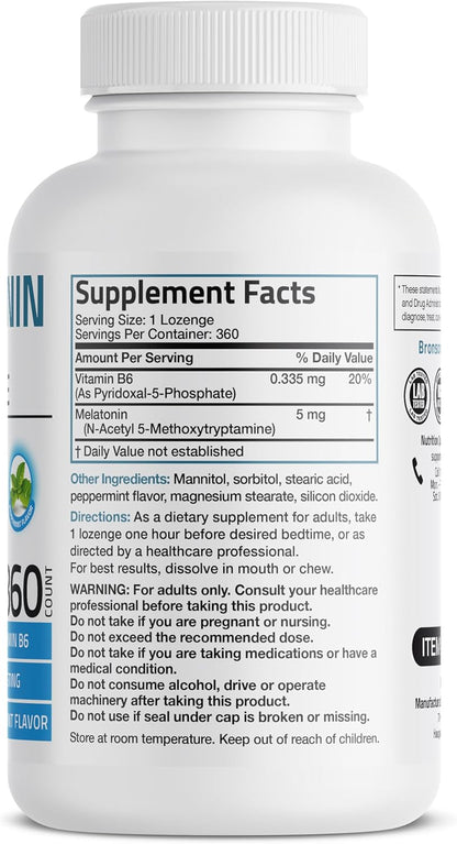 Bronson Melatonin 5Mg Fast Dissolve Peppermint Tablets with Vitamin B6 - Promotes Relaxation, 360 Vegetarian Chewable Lozenges