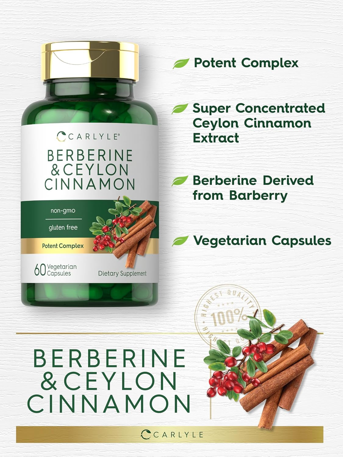Carlyle Berberine with Ceylon Cinnamon | 2000Mg Complex | 60 Capsules | Vegetarian, Non-Gmo, Gluten Free