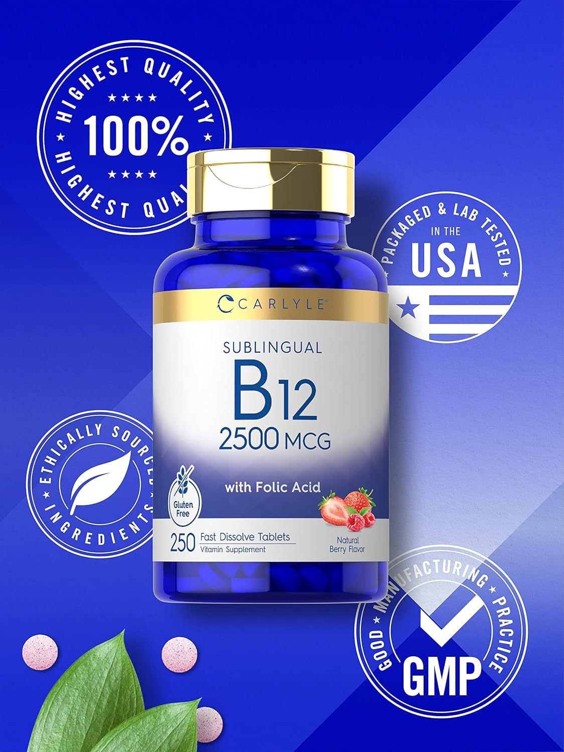 Carlyle Vitamin B12 Sublingual 2500 Mcg | 250 Fast Dissolve Tablets | Cyanocobalamin Supplement with Folic Acid for Adults | Natural Berry Flavor | Vegetarian, Non-Gmo, and Gluten Free