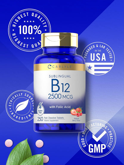 Carlyle Vitamin B12 Sublingual 2500 Mcg | 250 Fast Dissolve Tablets | Cyanocobalamin Supplement with Folic Acid for Adults | Natural Berry Flavor | Vegetarian, Non-Gmo, and Gluten Free