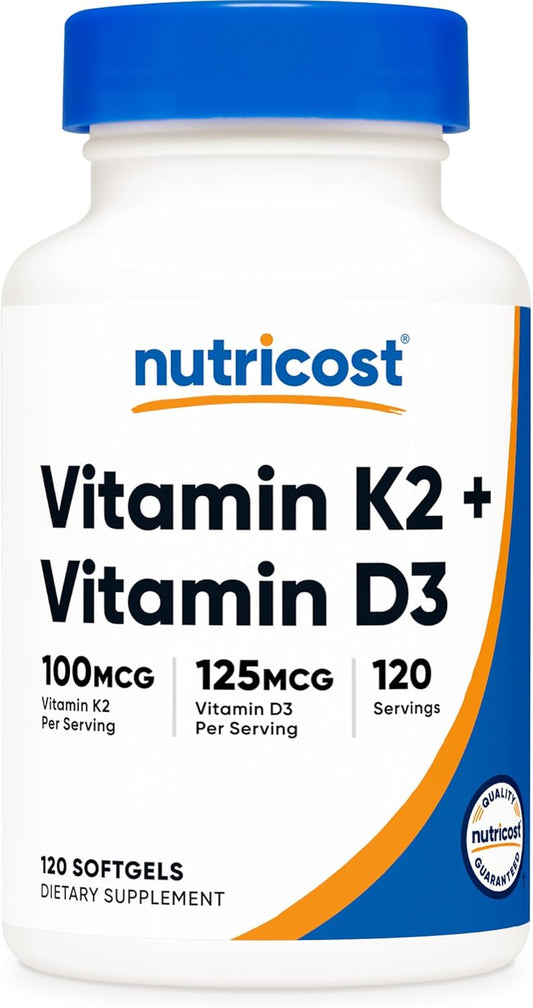 Vitamin K2 (MK7) (100Mcg) + Vitamin D3 (5000 IU) 120 Softgels - Gluten Free and Non-Gmo