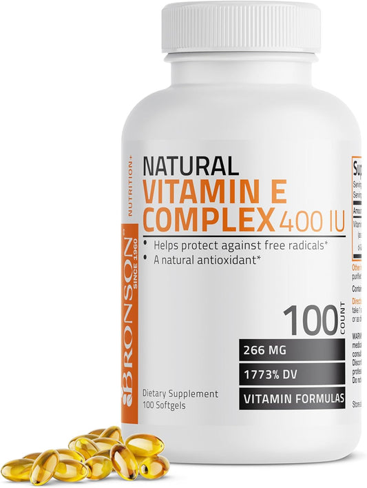 Bronson Natural Vitamin E Complex 400 I.U. Supplement (D-Alpha Tocopherol plus D-Beta, D-Gamma, & D- Tocopherols), Natural Antioxidant, 100 Softgels
