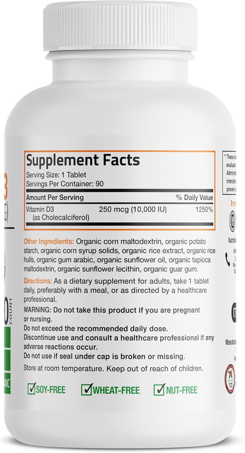 Bronson Vitamin D3 10,000 IU for Immune Support, Healthy Muscle Function & Bone Health, High  Organic Non-Gmo Vitamin D Supplement, 90 Tablets