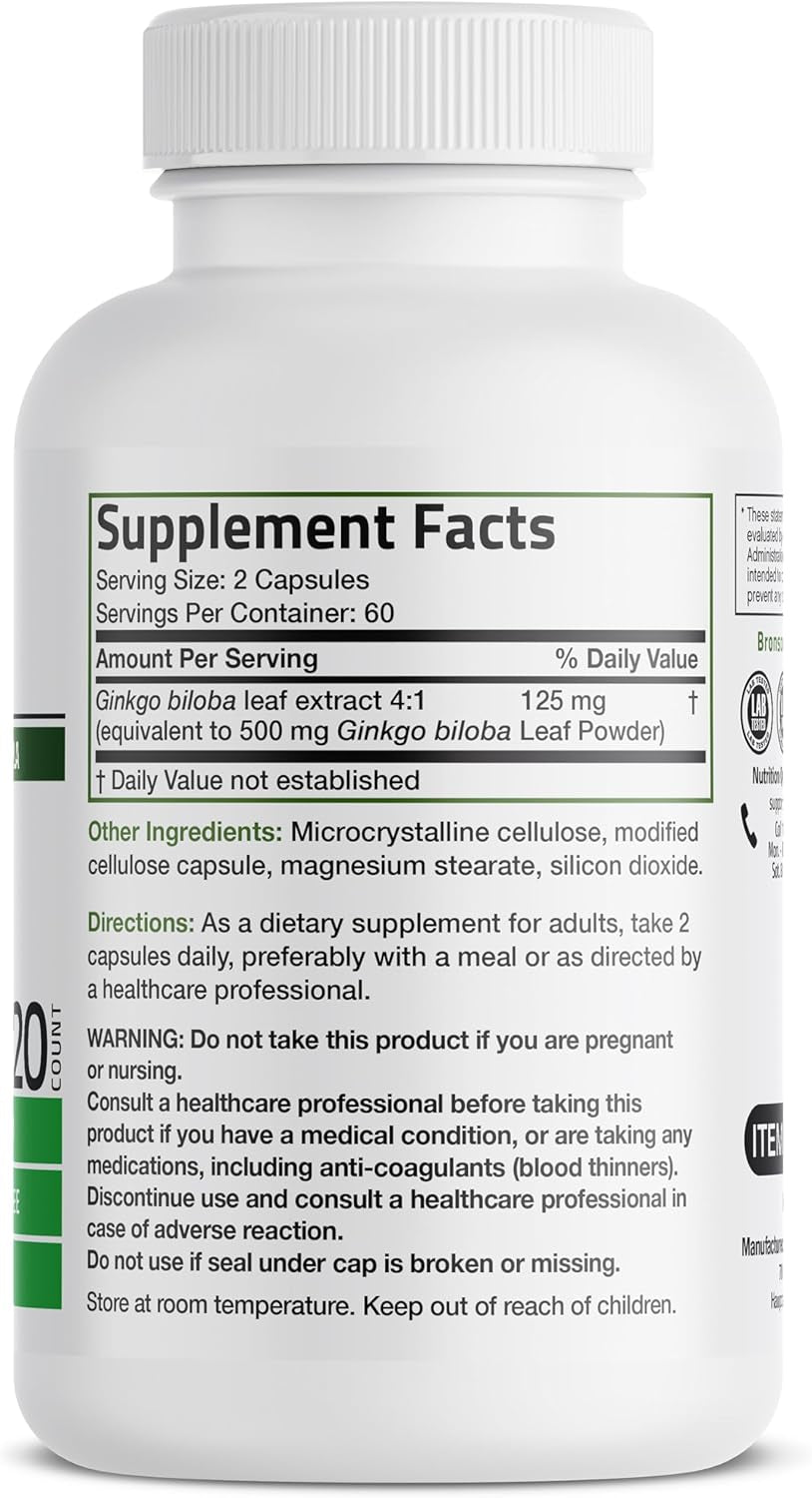 Bronson Ginkgo Biloba Extra Strength Supports Brain Function & Memory Support, 120 Vegetarian Capsules