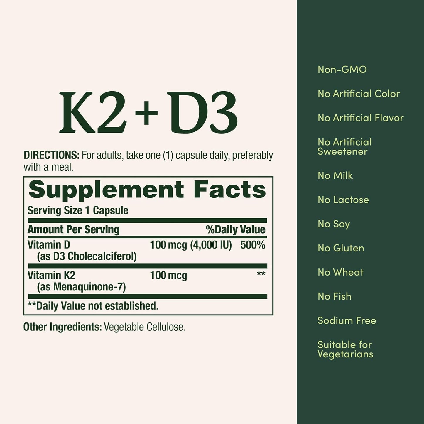 Nature’S Bounty Vitamin D3 K2 Supplement, 4000 IU Vitamin D3 plus 100 Mcg of Vitamin K Supplements for Adults for Heart & Bone Health Support, 30 Day Supply, 30 Vegetarian Capsules