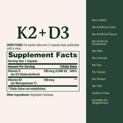 Nature’S Bounty Vitamin D3 K2 Supplement, 4000 IU Vitamin D3 plus 100 Mcg of Vitamin K Supplements for Adults for Heart & Bone Health Support, 30 Day Supply, 30 Vegetarian Capsules