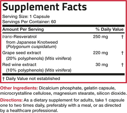 Bronson Resveratrol 500 Complex Standardized Trans-Resveratrol + Grape Seed & Red Wine Extract, 60 Capsules