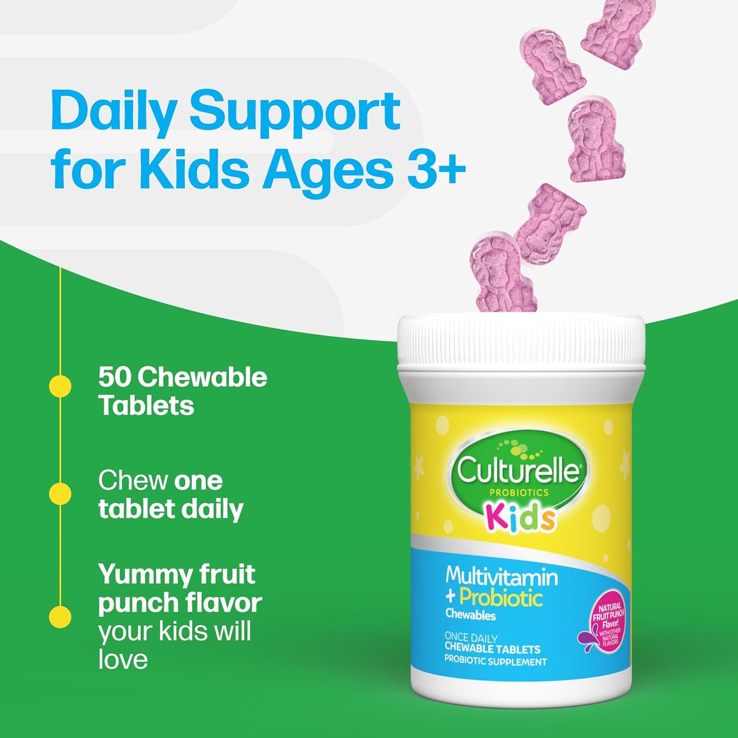 Culturelle Kids Complete Chewable Multivitamin + Probiotic for Kids, Ages 3+, 50 Count, Digestive Health, Oral Health & Immune Support - with 11 Vitamins & Minerals, Including Vitamin C, D3 & Zinc