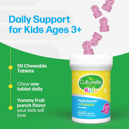 Culturelle Kids Complete Chewable Multivitamin + Probiotic for Kids, Ages 3+, 50 Count, Digestive Health, Oral Health & Immune Support - with 11 Vitamins & Minerals, Including Vitamin C, D3 & Zinc
