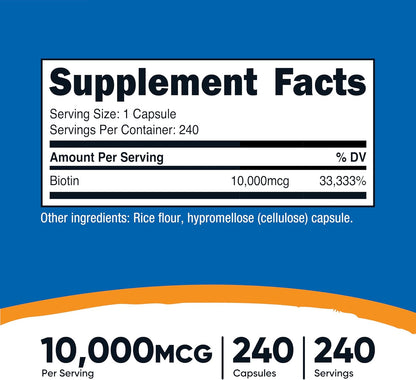 Biotin (Vitamin B7) 10,000Mcg (10Mg) Vitamin Supplement, 240 Capsules - Vegetarian, Gluten Free, Quick Release, Non-Gmo