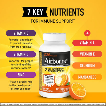 Airborne Vitamin C 1000Mg (Per Serving) - Citrus Chewable Tablets (116 Count in a Bottle), Gluten-Free Immune Support Supplement, with Vitamins a C E, Zinc, Selenium, Echinacea, Ginger, Antioxidants
