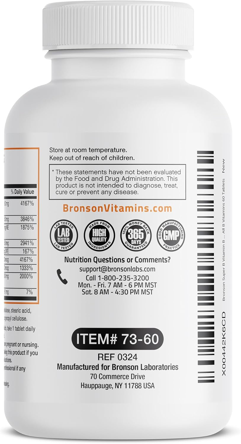 Bronson Super B Vitamin B Complex Sustained Slow Release (Vitamin B1, B2, B3, B6, B9 - Folic Acid, B12) Contains All B Vitamins 60 Tablets