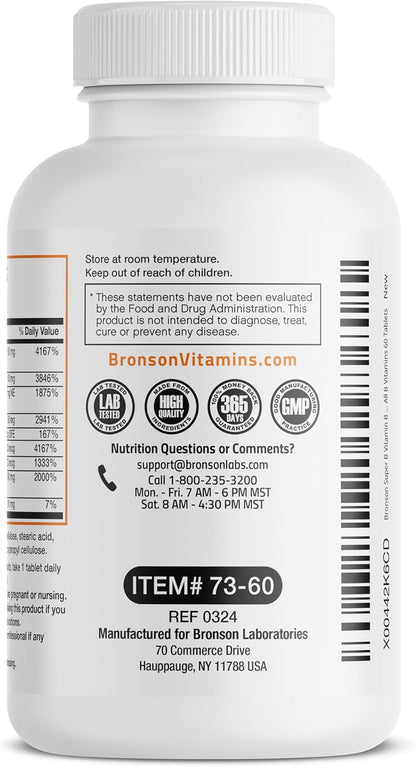 Bronson Super B Vitamin B Complex Sustained Slow Release (Vitamin B1, B2, B3, B6, B9 - Folic Acid, B12) Contains All B Vitamins 60 Tablets