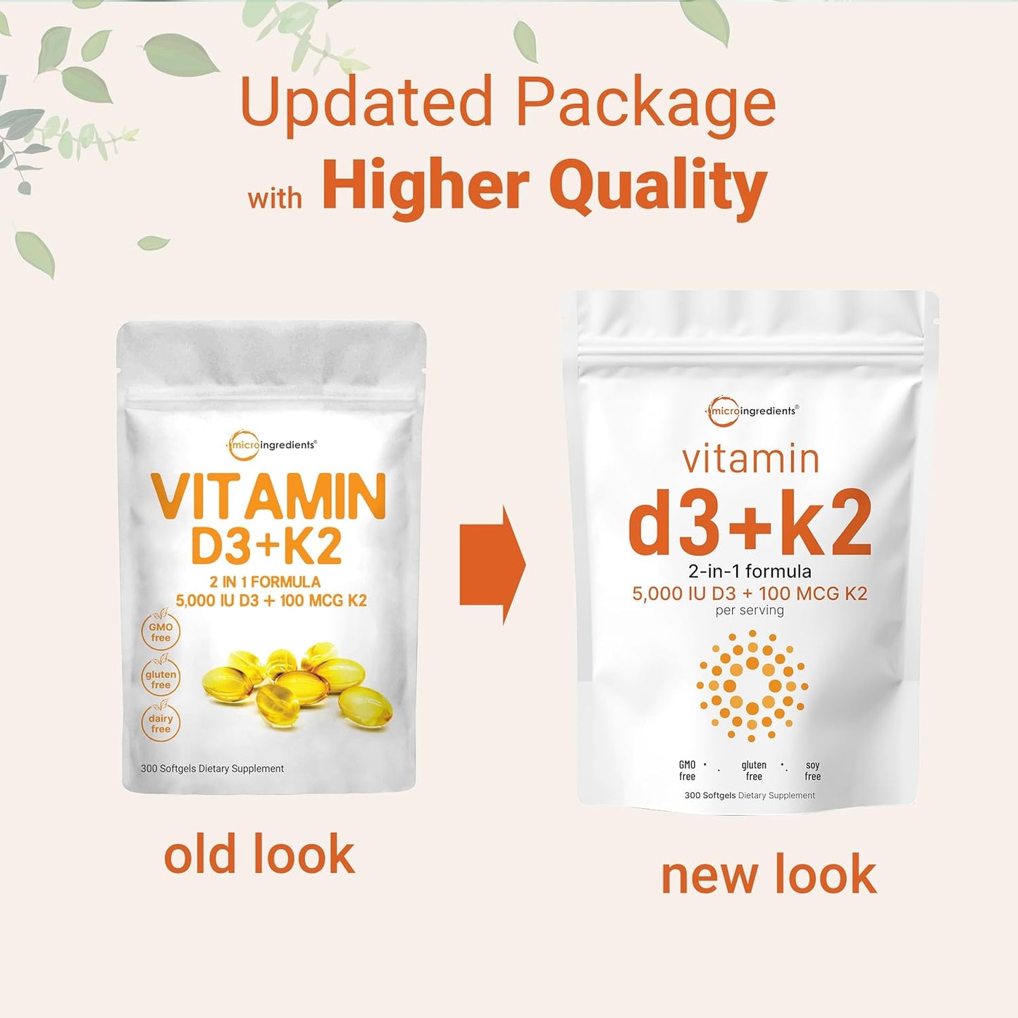Micro Ingredients Vitamin D3 5,000 IU + K2 MK-7 100 Mcg, 300 Softgels | 2-In-1 Vitamins D & K Complex | Extra Strength, Easy to Swallow, Non-Gmo, Gluten Free