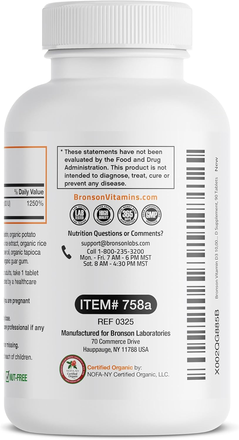 Bronson Vitamin D3 10,000 IU for Immune Support, Healthy Muscle Function & Bone Health, High  Organic Non-Gmo Vitamin D Supplement, 90 Tablets