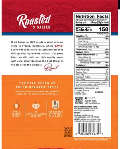 DAVID Roasted and Salted Pumpkin Seeds, 5 Oz