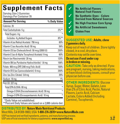 Nature Made Multivitamin + Omega-3, Multivitamin Gummies for Women and Men, Daily Nutritional Support, 140 Adult Gummy Vitamins & Minerals, 70 Day Supply