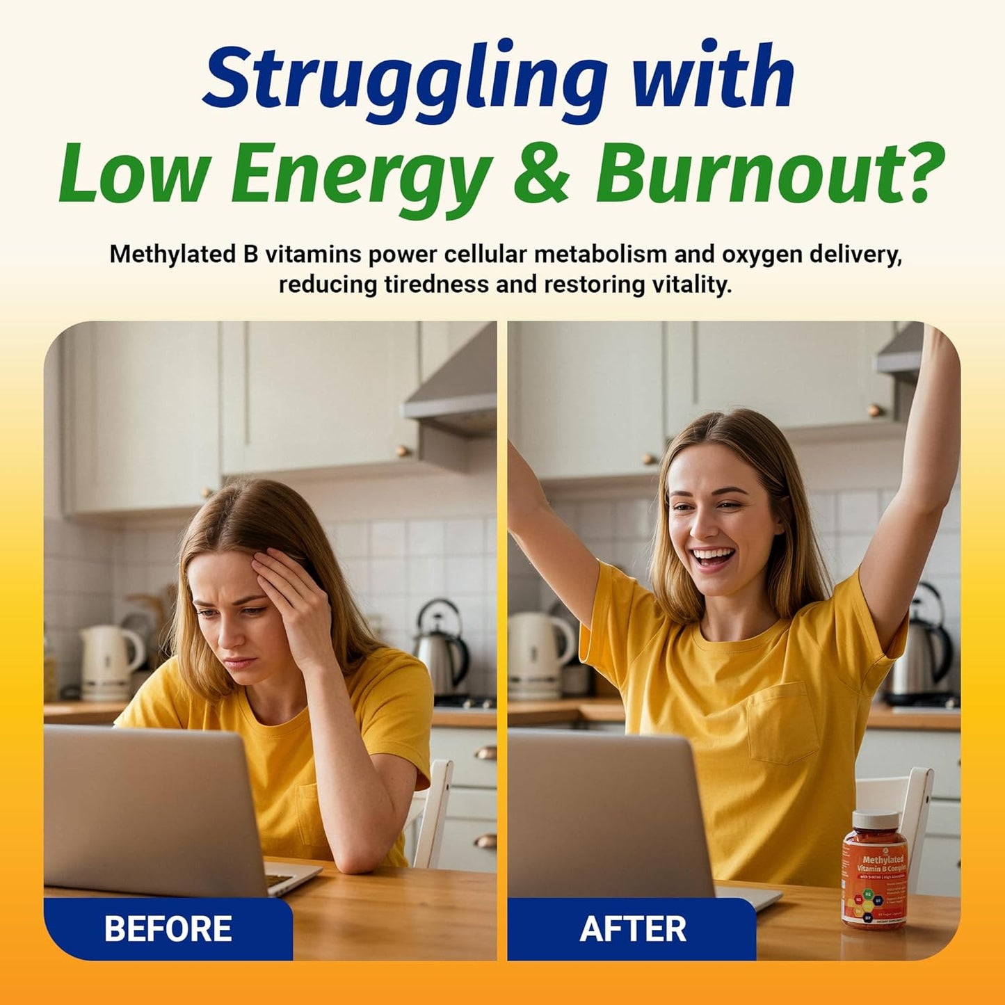 Vitamin B Complex – Methylated B Vitamins for Energy, Brain & Metabolism Support | Bioactive B Complex Vitamins for Women & Men with Methyl Folate (5-MTHF) & Methyl B12 – 60 Count