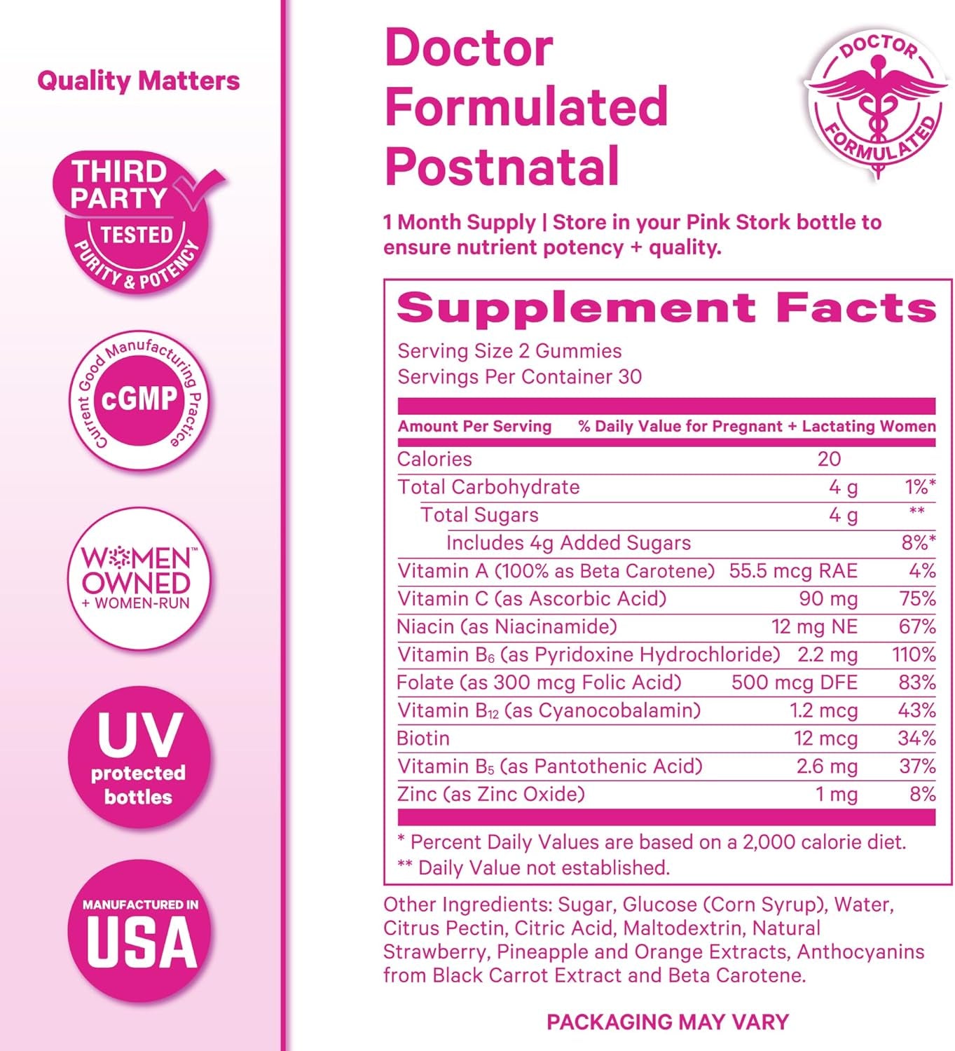 Pink Stork Total Postnatal Vitamin Gummies - Multivitamin for Postpartum Recovery and Lactation Support - Folic Acid, B6, & Vitamin C - Postpartum Essentials - 60 Gummy Vitamins