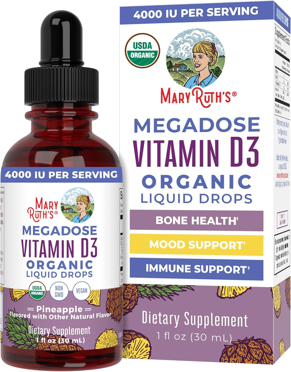 Maryruth Organics Vitamin D3 Liquid Drops | Megadose 4000 IU | USDA Organic Liquid Vitamin D Spray for Adults & Kids | Immune Support & Bone Health | Vegan | Gluten Free | Non-Gmo | 30 Servings