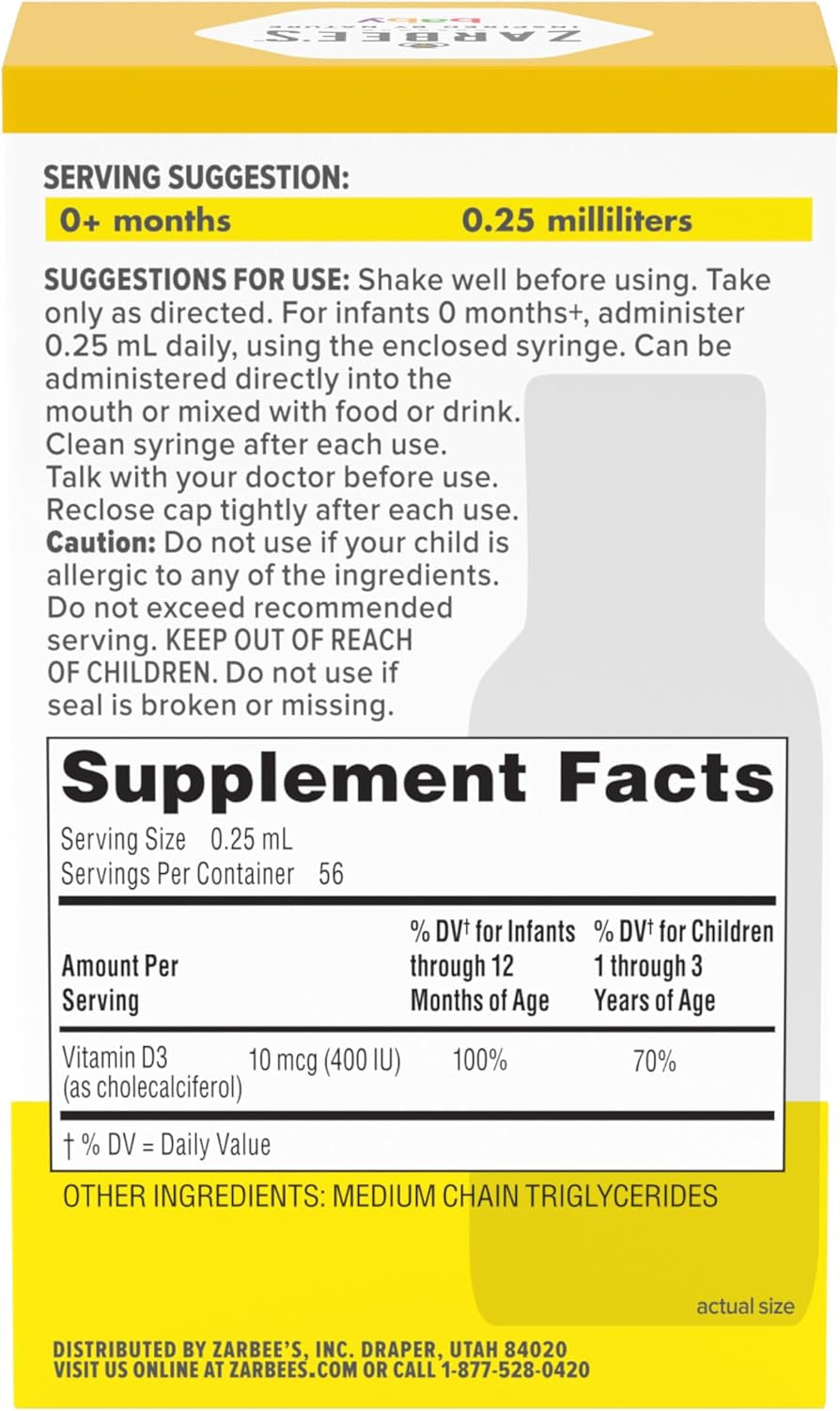 Zarbee'S Vitamin D Drops for Infants, 400IU (10Mcg) Baby & Toddler Liquid Supplement, Newborn & Up, Dropper Syringe Included, 0.47 Fl Oz