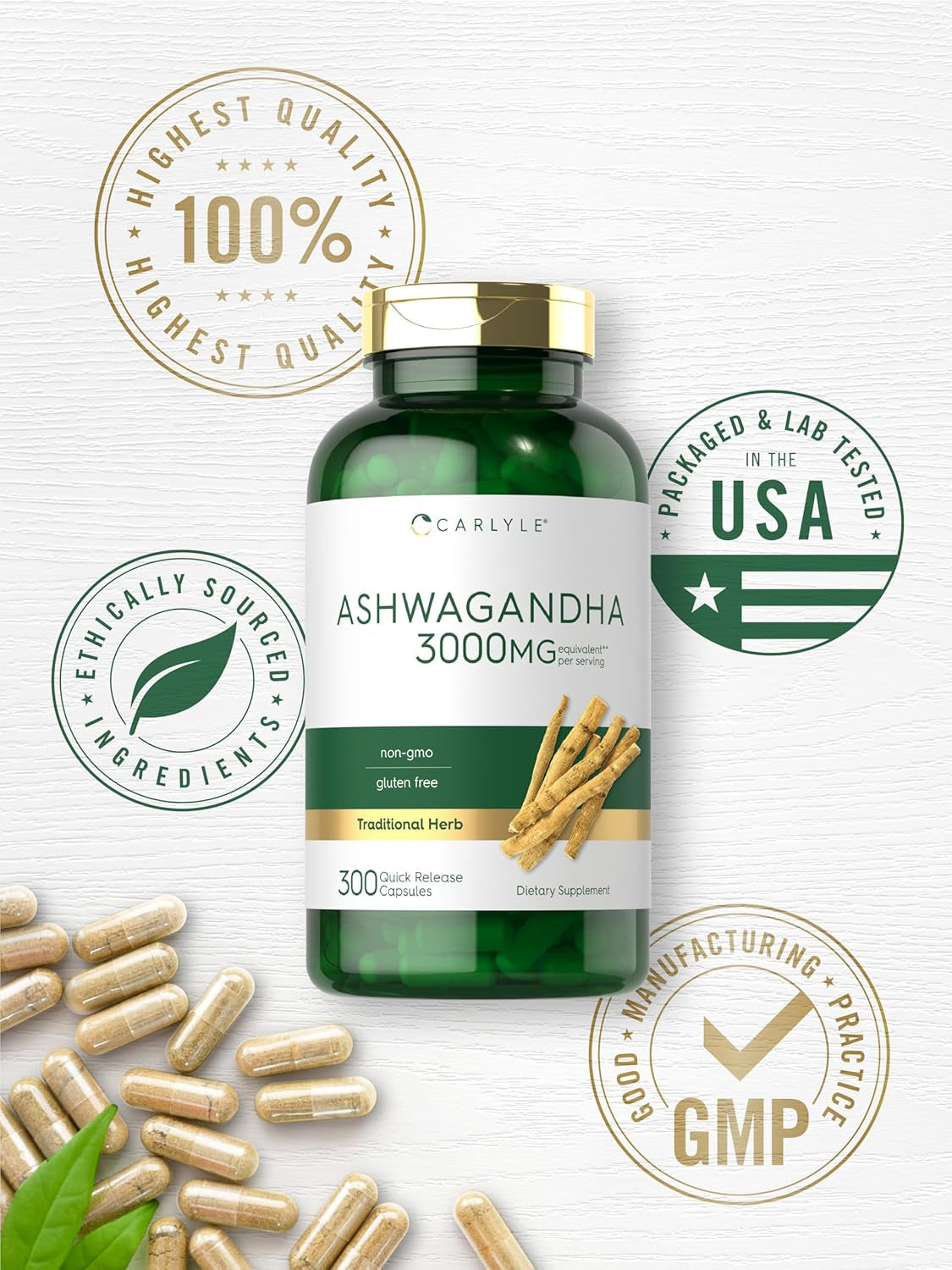 Carlyle Ashwagandha Supplement for Women and Men | 3000Mg | 300 Capsules | Herb Root Extract with Black Pepper | Non-Gmo and Gluten Free