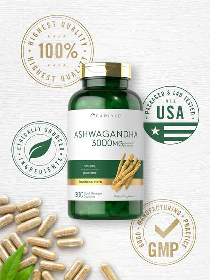 Carlyle Ashwagandha Supplement for Women and Men | 3000Mg | 300 Capsules | Herb Root Extract with Black Pepper | Non-Gmo and Gluten Free