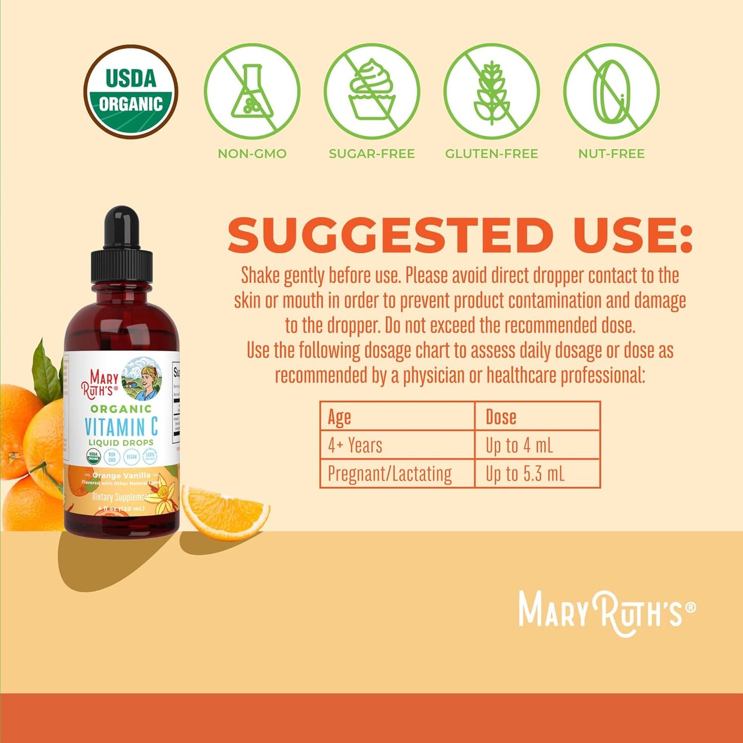 Maryruth Organics Organic Vitamin C Supplement | Liquid Vitamin C Liquid Drops for Adults & Kids | Immune Support Supplement for Overall Health | Vegan | Non-Gmo | Gluten Free | 4 Fl Oz