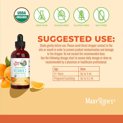 Maryruth Organics Organic Vitamin C Supplement | Liquid Vitamin C Liquid Drops for Adults & Kids | Immune Support Supplement for Overall Health | Vegan | Non-Gmo | Gluten Free | 4 Fl Oz