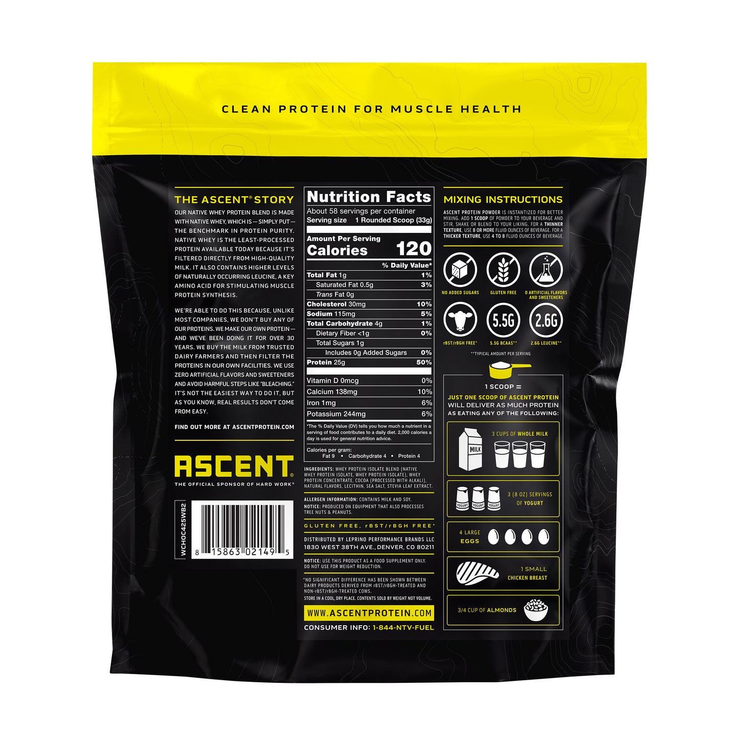 Ascent 100% Whey, Native Whey Protein Blend, Chocolate, 4.25 Lbs