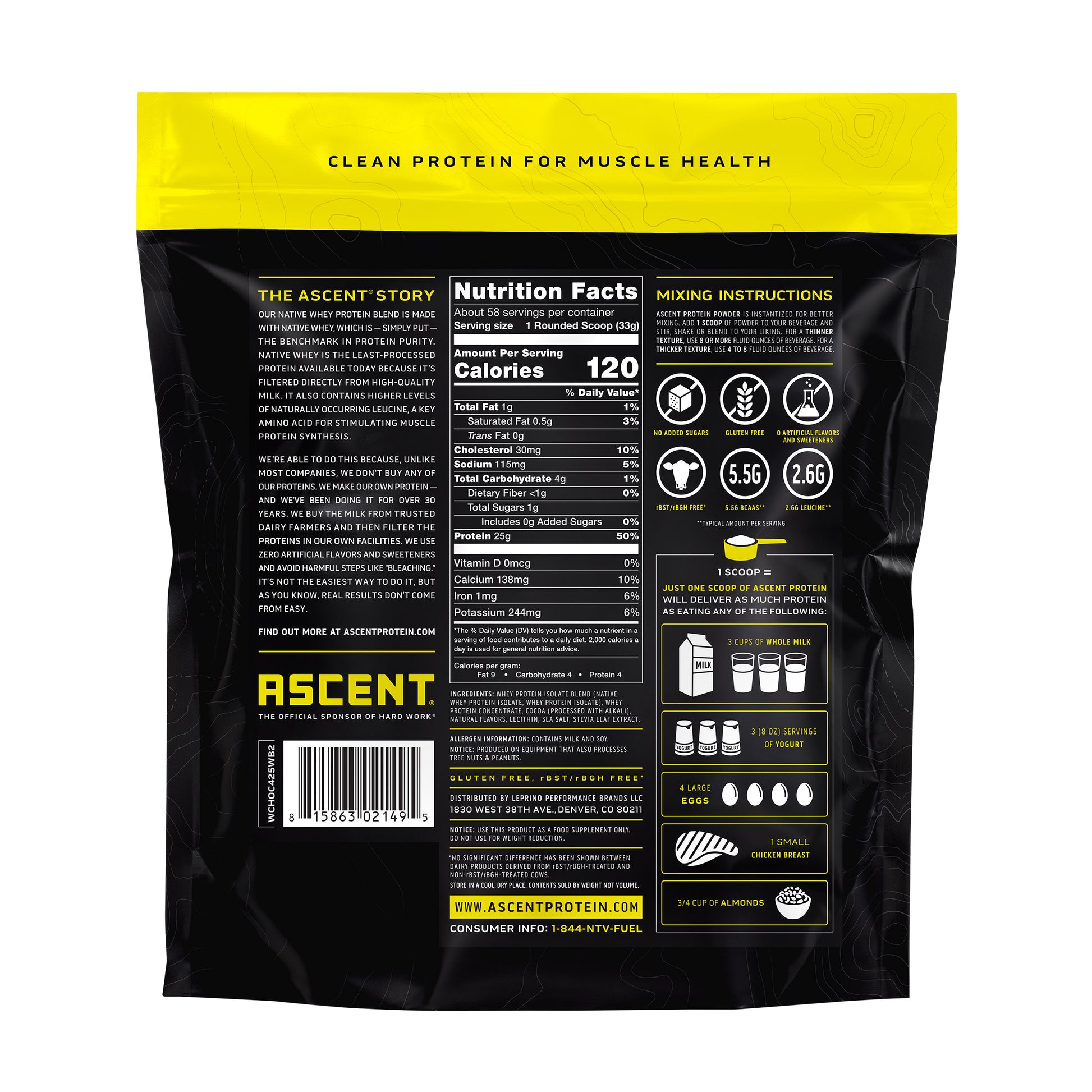 Ascent 100% Whey, Native Whey Protein Blend, Chocolate, 4.25 Lbs