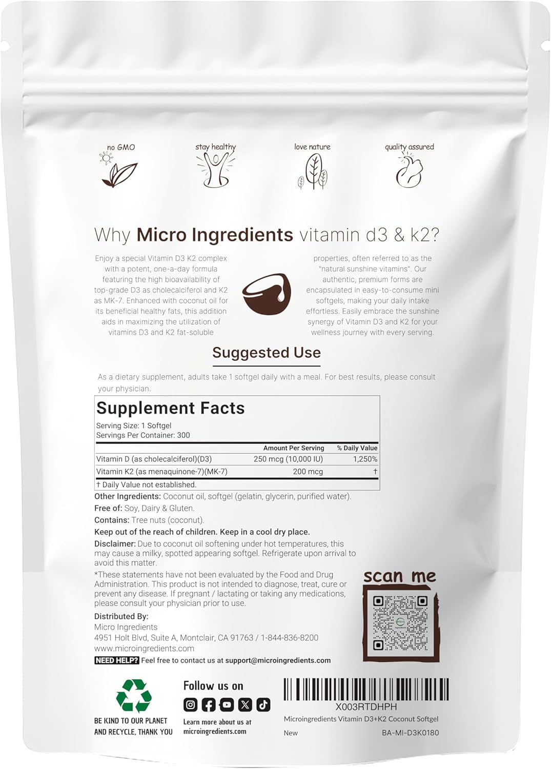 Micro Ingredients Vitamin D3 10,000 IU + K2 MK-7 200 Mcg, 300 Softgels with Virgin Coconut Oil | 2-In-1 Vitamins D & K Complex | Extra Strength, Easy to Swallow, Non-Gmo, Gluten Free