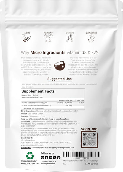 Micro Ingredients Vitamin D3 10,000 IU + K2 MK-7 200 Mcg, 300 Softgels with Virgin Coconut Oil | 2-In-1 Vitamins D & K Complex | Extra Strength, Easy to Swallow, Non-Gmo, Gluten Free