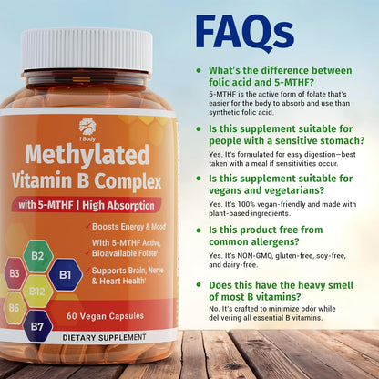Vitamin B Complex – Methylated B Vitamins for Energy, Brain & Metabolism Support | Bioactive B Complex Vitamins for Women & Men with Methyl Folate (5-MTHF) & Methyl B12 – 60 Count