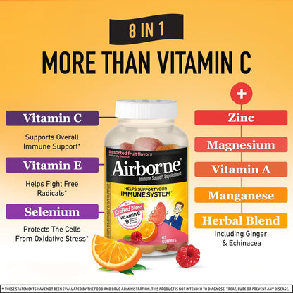 Airborne 750Mg Vitamin C Gummies for Adults, Immune Support Gummies with Powerful Antioxidants VIT C & E, Caffeine Free - 2X63Ct Bottle (42 Servings), Assorted Fruit Flavor
