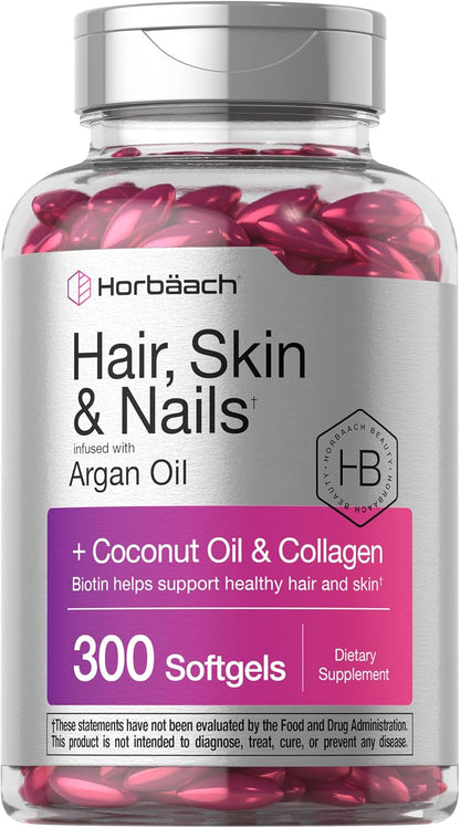 Horbäach Hair Skin and Nails Vitamins | 300 Softgels | with Biotin and Collagen | Infused with Argan Oil and Coconut Oil | Non-Gmo, Gluten Free Supplement